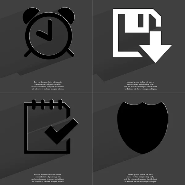 Reloj despertador, Descarga de disquete, Icono de tarea completado, Insignia. Símbolos con sombra larga. Diseño plano —  Fotos de Stock