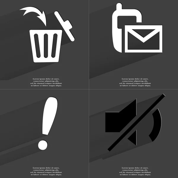 Pattumiera, icona SMS, punto esclamativo, icona muta. Simboli con lunga ombra. Design piatto — Foto Stock