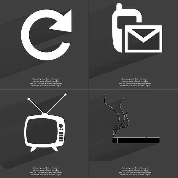 Reload sign, SMS icon, Retro TV, Cigarette. Symbols with long shadow. Flat design — Stock Photo, Image