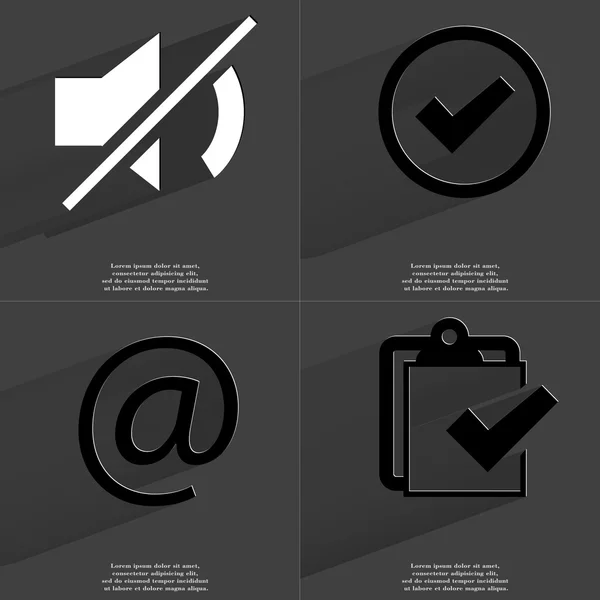 Mute, Tick sign, mail, Task completed icon. Symbols with long shadow. Flat design — Stock Photo, Image