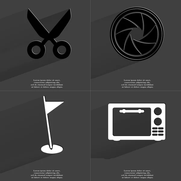 Scissors, Lens, Golf hole, Microwave. Symbols with long shadow. Flat design — Stock Photo, Image