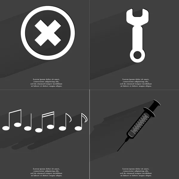 Stop sign, Wrench, Notes, Syringe. Symbols with long shadow. Flat design — Stock Photo, Image