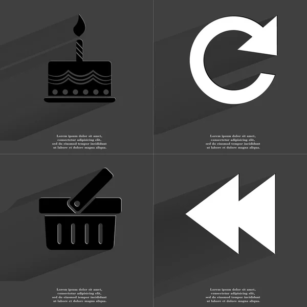 Taart, Reload pictogram, mand, twee pijlen mediapictogram. Symbolen met lange schaduw. Platte ontwerp — Stockfoto