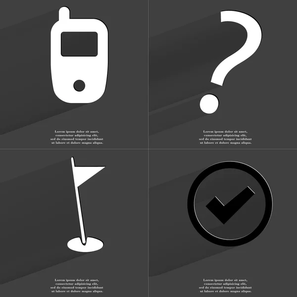 Handy, Fragezeichen, Golfloch, Häkchen. Symbole mit langem Schatten. flache Bauweise — Stockfoto