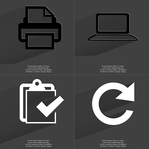Skrivare, Laptop, uppgiften slutförd ikon, uppdateringsikonen. Symboler med långa skugga. Platt design — Stockfoto