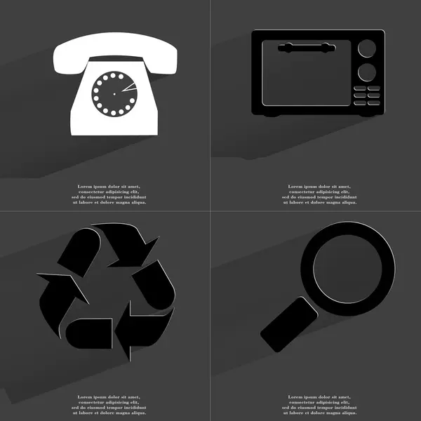Retro telefon, mikrovlnné, recyklace, zvětšovací sklo. Symboly s dlouhý stín. Plochý design — Stock fotografie
