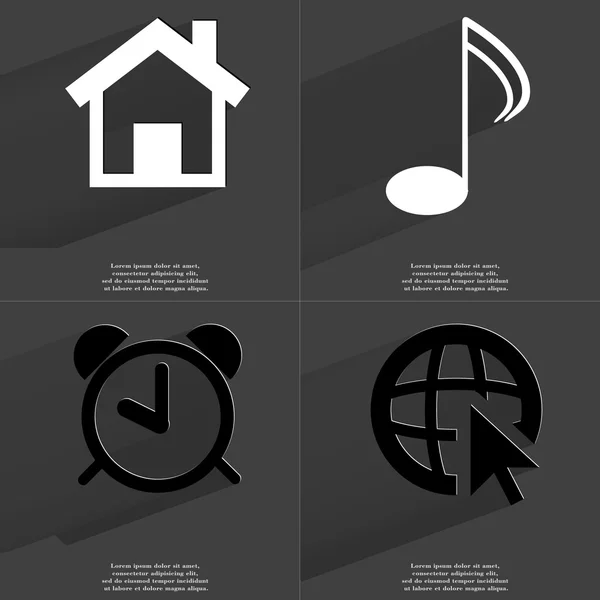 Dom, Uwaga, budzik, Web ikona kursora. Symbole z długim cieniem. Płaska konstrukcja — Zdjęcie stockowe