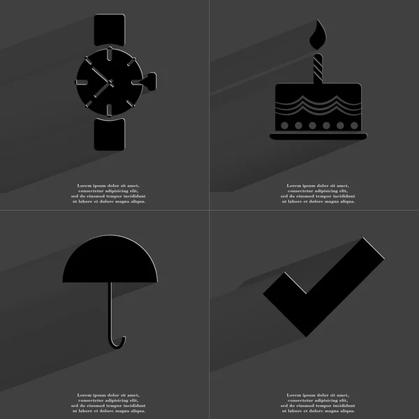 Polshorloge, Cake, paraplu, teek teken. Symbolen met lange schaduw. Platte ontwerp — Stockfoto