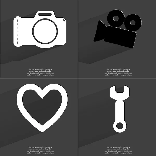 Camera, filmcamera, hart, moersleutel. Symbolen met lange schaduw. Platte ontwerp — Stockfoto