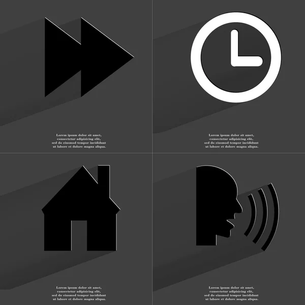 Twee pijlen mediapictogram, klok, House, Talk. Symbolen met lange schaduw. Platte ontwerp — Stockfoto