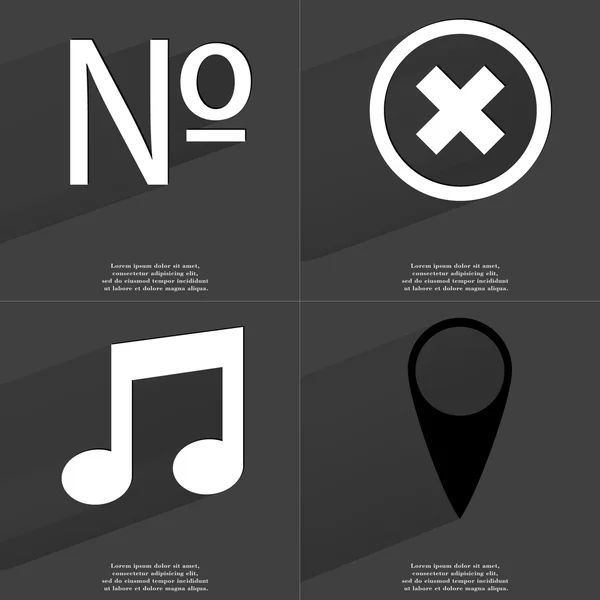 Numero, stop, nota, Checkpoint. Simboli con lunga ombra. Design piatto — Foto Stock