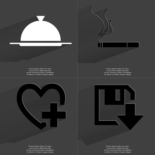 Bandeja, Cigarrillo, Corazón más signo, Disco disquete icono de descarga. Símbolos con sombra larga. Diseño plano —  Fotos de Stock