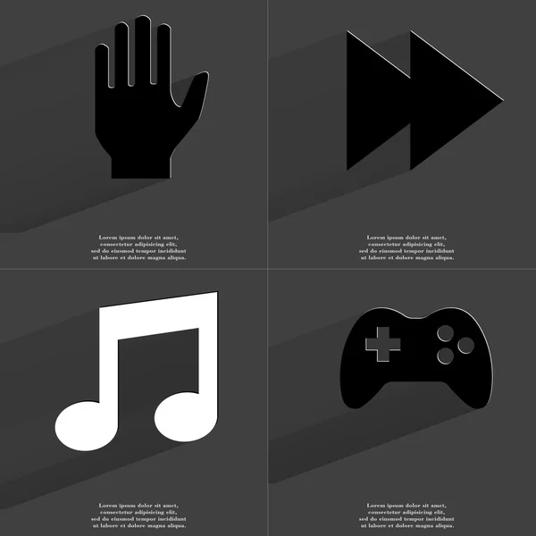 Hand, Two arrows media icon, Note sign, Gamepad. Symbols with long shadow. Flat design — Stock Photo, Image