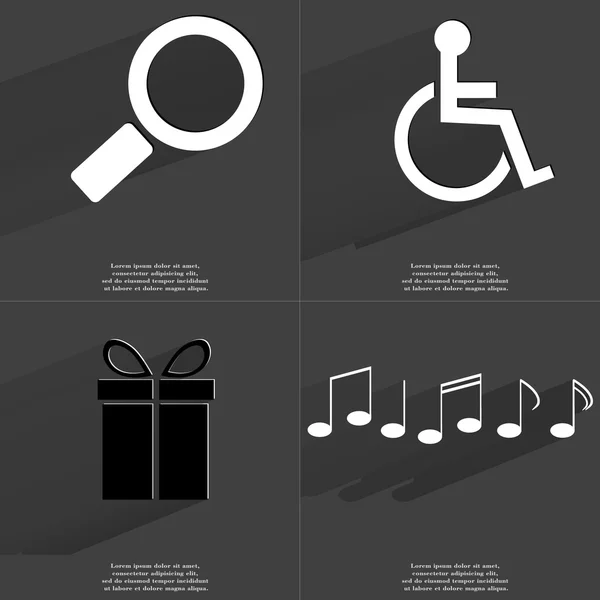 Ampliação, Pessoa com deficiência, Presente, Notas. Símbolos com sombra longa. Projeto plano — Fotografia de Stock