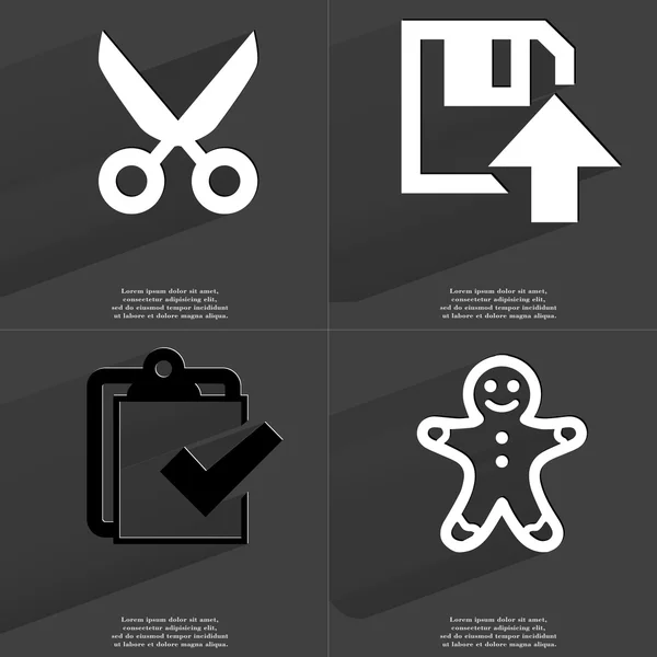 Scissors, Floppy disk upload, Task completed icon, Gingerbread man. Symbols with long shadow. Flat design — Stock Photo, Image