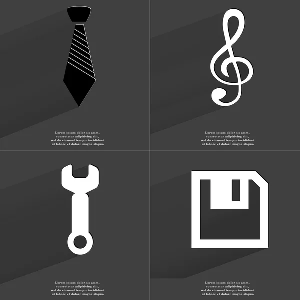 Corbata, Clef, llave inglesa, disquete. Símbolos con sombra larga. Diseño plano —  Fotos de Stock