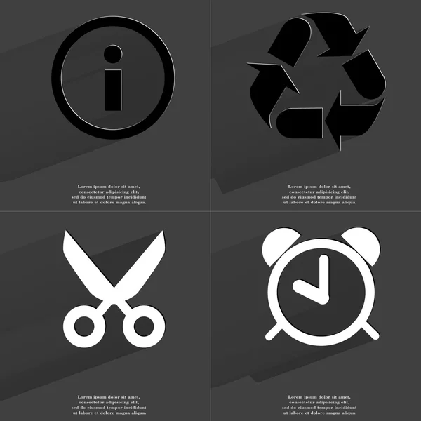 Značka informací, recyklace, nůžky, budík. Symboly s dlouhý stín. Plochý design — Stock fotografie