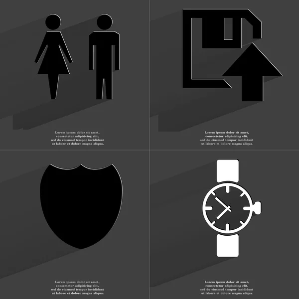 Siluetas de hombre y mujer, Icono de carga de disquete, Insignia, Reloj de muñeca. Símbolos con sombra larga. Diseño plano —  Fotos de Stock