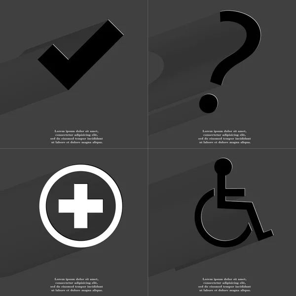 Häkchen, Fragezeichen, plus, Behinderte. Symbole mit langem Schatten. flache Bauweise — Stockfoto