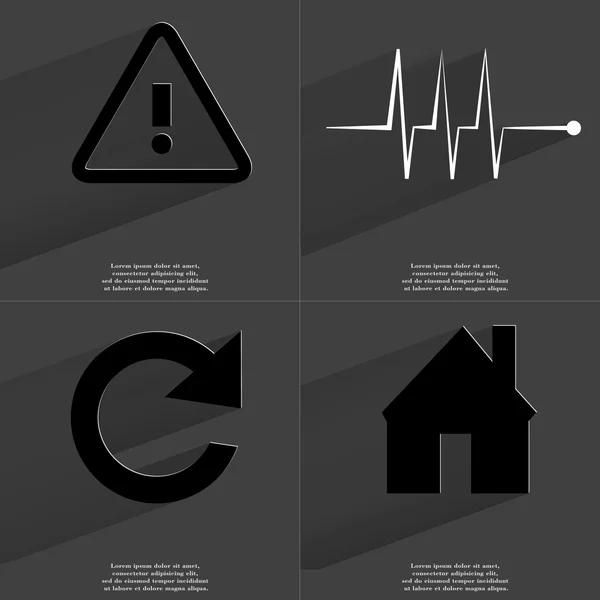 Warning sign, Pulse, Reload icon, House. Symbols with long shadow. Flat design — Stock Photo, Image