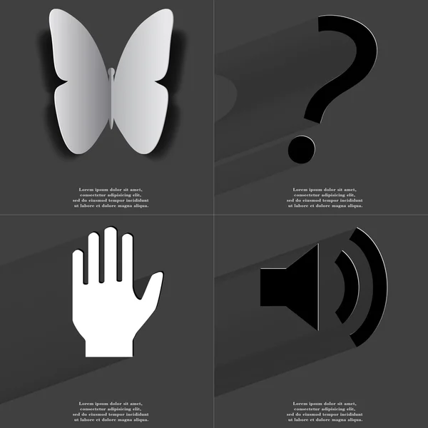 Butterfly, Question point, Hand, Sound icon. Simboli con lunga ombra. Design piatto — Foto Stock