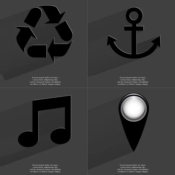 Recycling, Anchor, Note sign, Checkpoint. Symbols with long shadow. Flat design — Stock Photo, Image