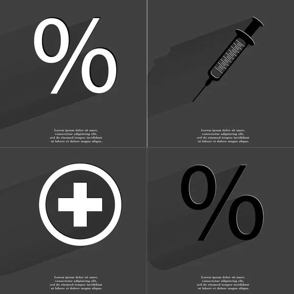 Percent sign, Syringe, Plus sign. Symbols with long shadow. Flat design — Stock Photo, Image