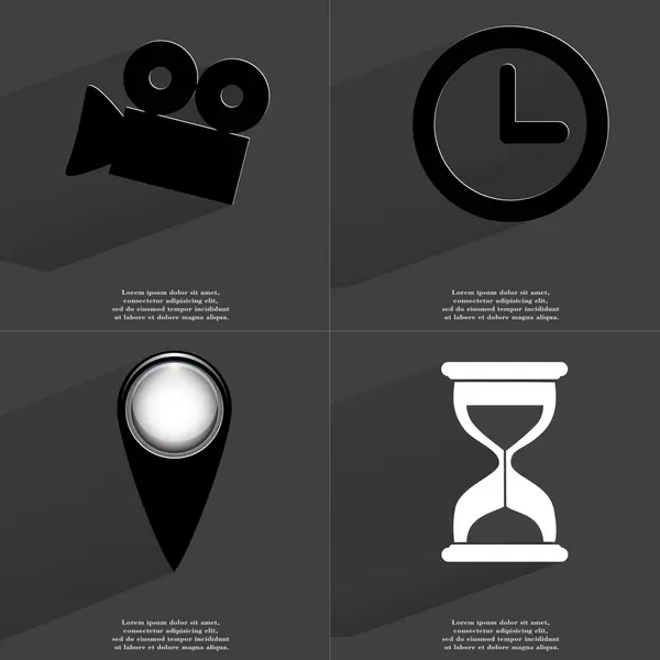 Filmkamera, klocka, Checkpoint, timglas. Symboler med långa skugga. Platt design — Stockfoto