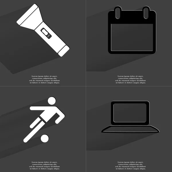 Flashlight, Calendar, Silhouette of a football player, Laptop. Symbols with long shadow. Flat design — Stock Photo, Image