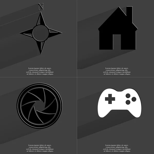 Kompas, House, objektiv, Gamepad. Symboly s dlouhý stín. Plochý design — Stock fotografie
