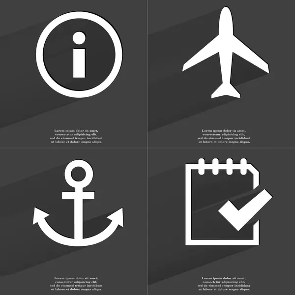 Information sign, Airplane, Anchor, Task completed icon. Symbols with long shadow. Flat design — Stock Photo, Image