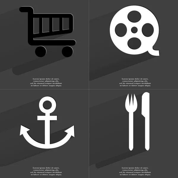 Shopping cart, Videotape, Anchor, Fork and knife. Symbols with long shadow. Flat design — Stock Photo, Image