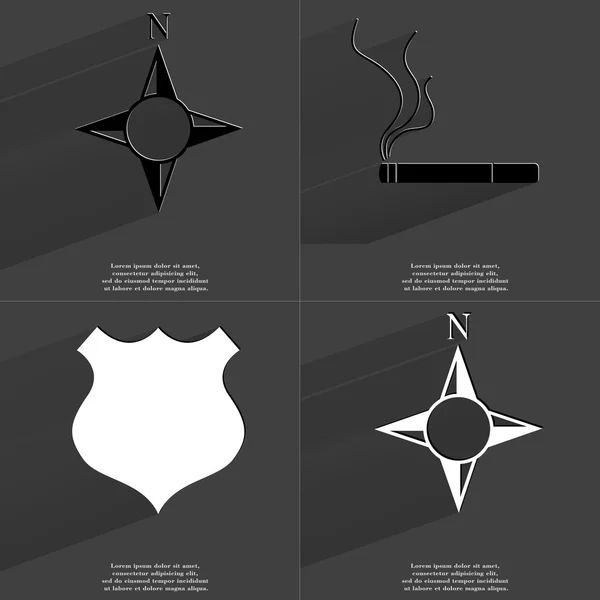 Compass, Cigarette, Police badge . Symbols with long shadow. Flat design — Stock Photo, Image