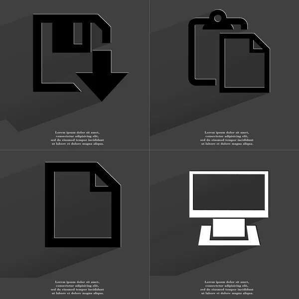Icono de descarga de disquete, Lista de tareas, Archivo, Monitor. Símbolos con sombra larga. Diseño plano —  Fotos de Stock