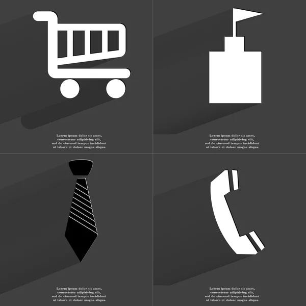 Warenkorb, Fahnenturm, Krawatte, Empfänger. Symbole mit langem Schatten. flache Bauweise — Stockfoto