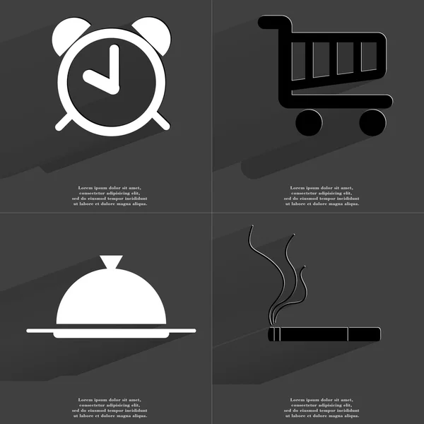 Despertador, Cesta de la compra, Bandeja, Cigarrillo. Símbolos con sombra larga. Diseño plano —  Fotos de Stock