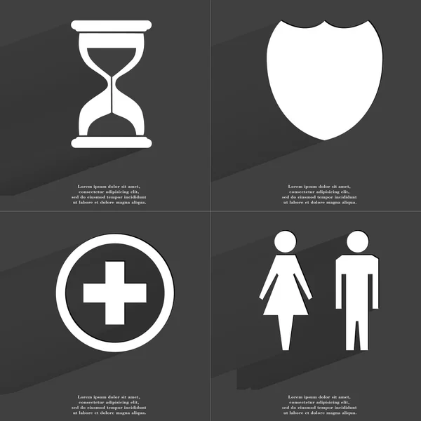 Timglas, Badge, plustecken, silhuetter av man och kvinna. Symboler med långa skugga. Platt design — Stockfoto