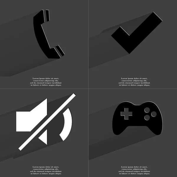 Receiver, Tick, Mute sign, Gamepad. Symbols with long shadow. Flat design — Stock Photo, Image