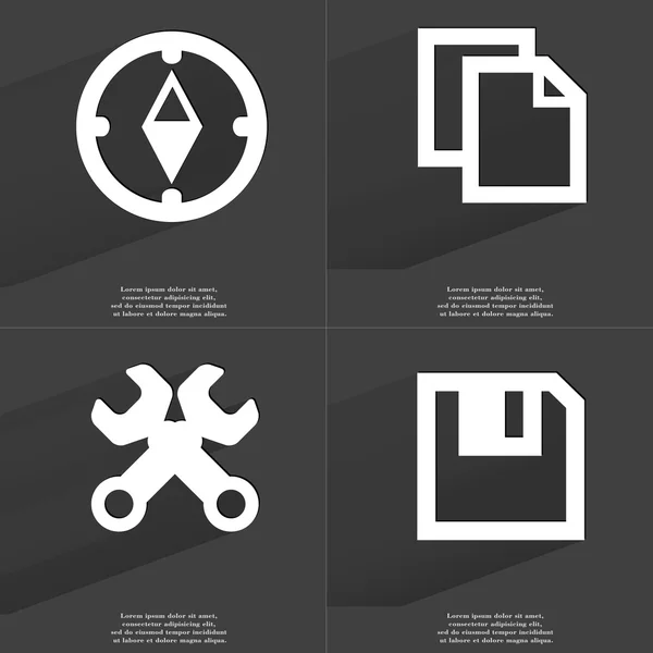 Bussola, icona Copia, Chiavi, Disco floppy. Simboli con lunga ombra. Design piatto — Foto Stock