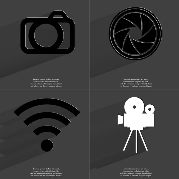 Film camera, Lens, WLAN icon. Symbols with long shadow. Flat design — Stock Photo, Image