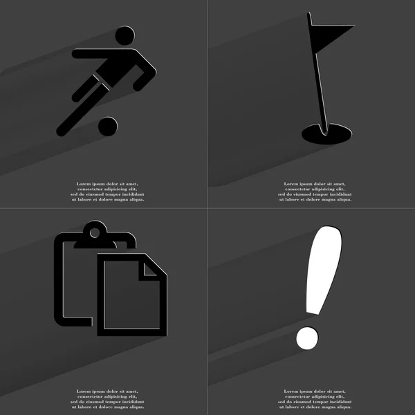 Silhouet van football-speler, Golf hole, Tasklist, taak voltooid pictogram. Symbolen met lange schaduw. Platte ontwerp — Stockfoto