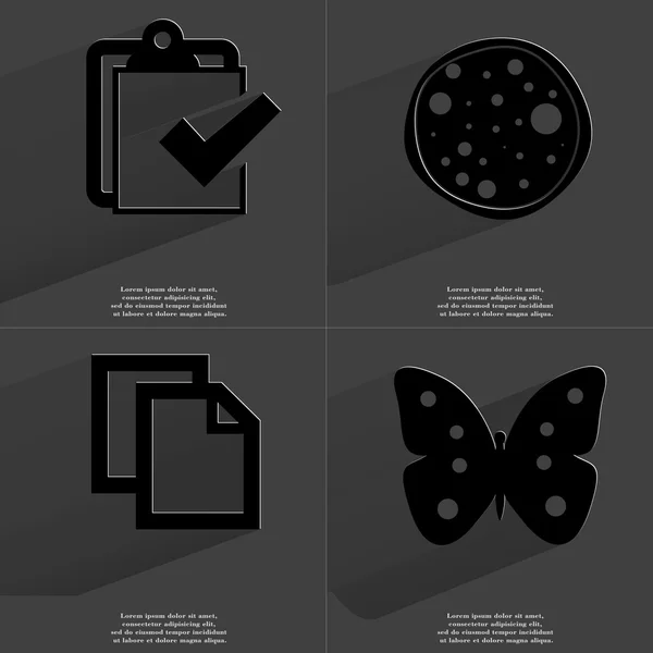 Tarea completada, Pizza, Copiar icono, Mariposa. Símbolos con sombra larga. Diseño plano —  Fotos de Stock