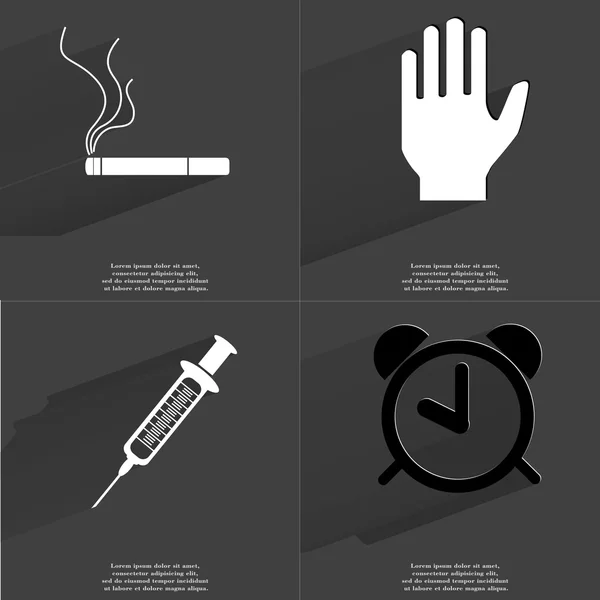Cigaret, ruku, stříkačka, budík. Symboly s dlouhý stín. Plochý design — Stock fotografie