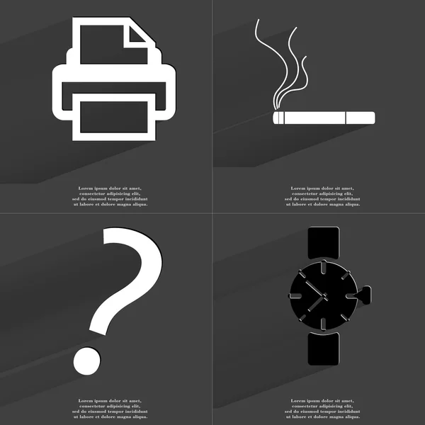 Printer, Cigarette, Question mark, Wrist watch. Symbols with long shadow. Flat design — Stock Photo, Image