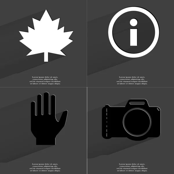 枫叶, 信息标志, 手, 相机。长阴影的符号。扁平设计 — 图库照片