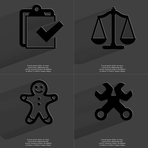 Tarea completada icono, escalas, hombre de jengibre, llaves. Símbolos con sombra larga. Diseño plano —  Fotos de Stock