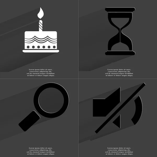 Cake, Hourglass, Magnifying glass, Mute icon. Symbols with long shadow. Flat design — Stock Photo, Image