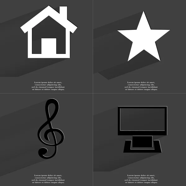 Dům, hvězda, Clef, Monitor. Symboly s dlouhý stín. Plochý design — Stock fotografie