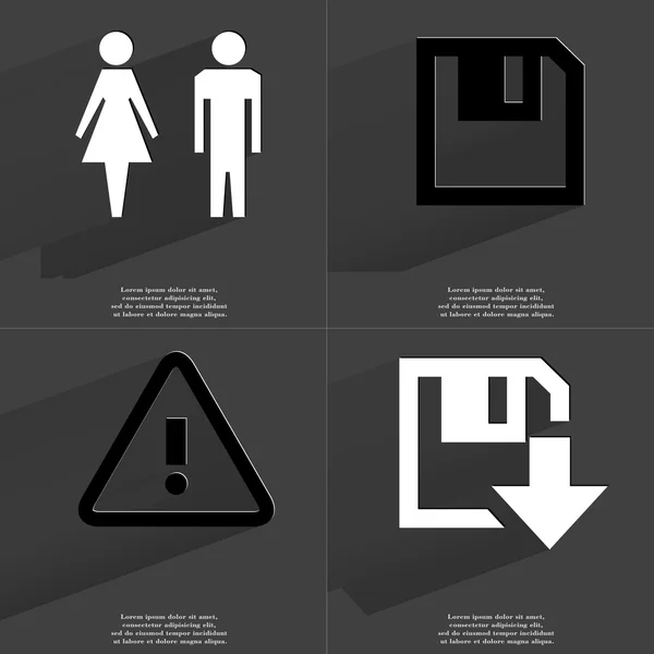 Silhouettes of man and woman, Floppy disk download icon, Warning sign. Symbols with long shadow. Flat design — Stock Photo, Image