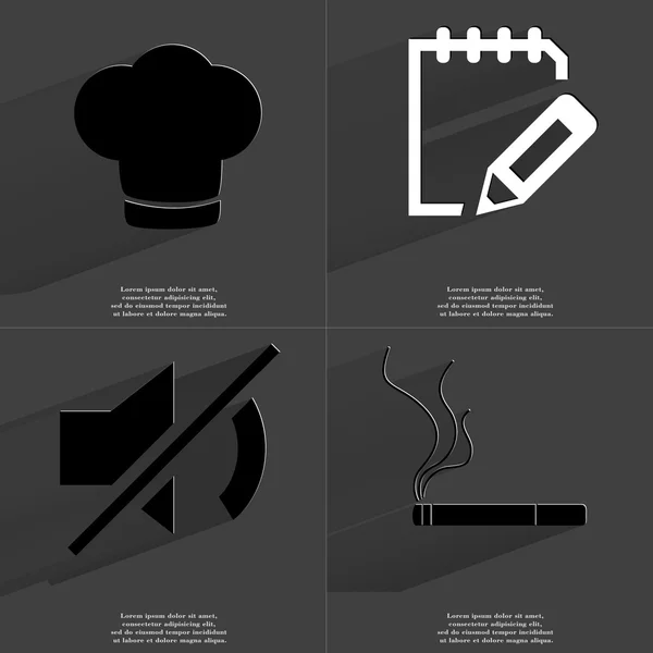 Cooking hat, Notebook, Mute icon, Cigarette. Symbols with long shadow. Flat design